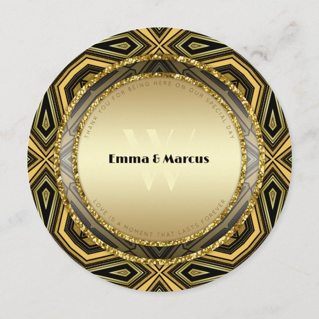 Geometric Deco Gold Black Round Wedding Menu Card (Verso)