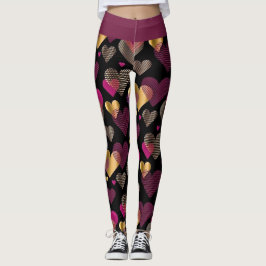 Geometric Gold & Magenta Heart Pattern Leggings