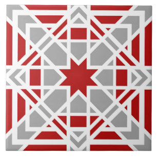 Geométrica, ornamental, vermelha, branca, cinzas
