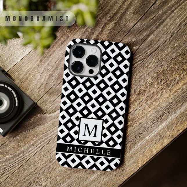 Geométrico do Ponto de Diamante Branco Preto Perso (Custom Black White Diamond Dot Geometric Case-Mate iPhone Case)