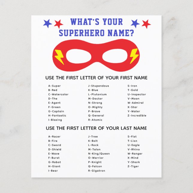 Gerador de Nome de Super-Herói Jogo (Frente)