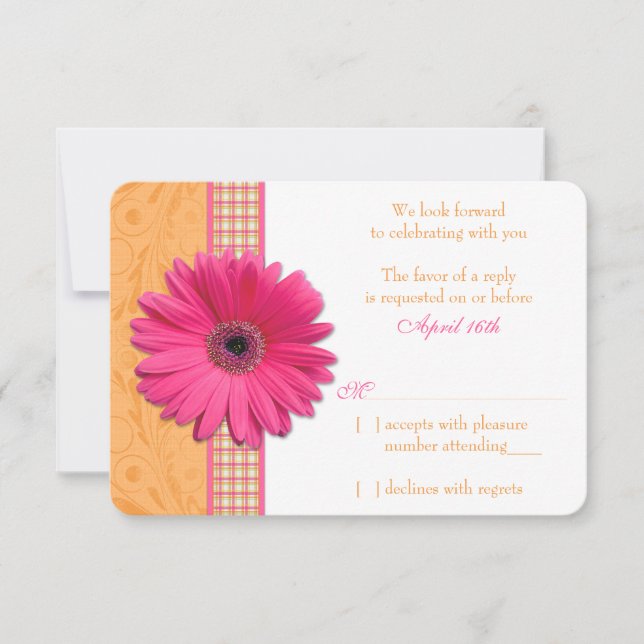 Gerber Daisy Rosa Laranja Xadrez Casamento RSVP Re (Frente)