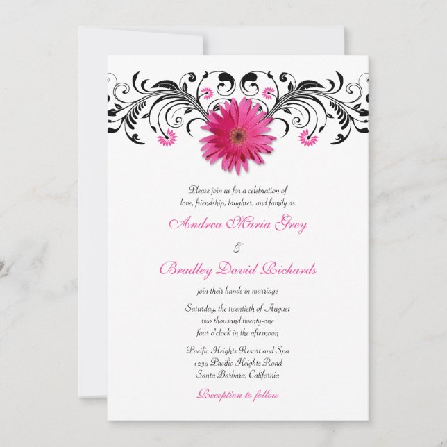 Gerbera Daisy Pink Black Floral Wedation Convite (Frente)
