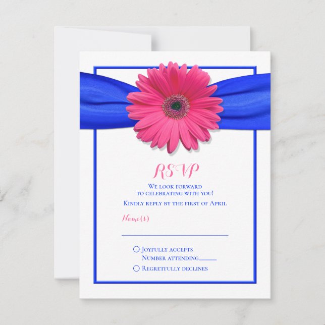 Gerbera rosa com placa RSVP de fita azul (Frente)
