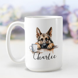 German shepherd com caneca de café, cão com atitud
