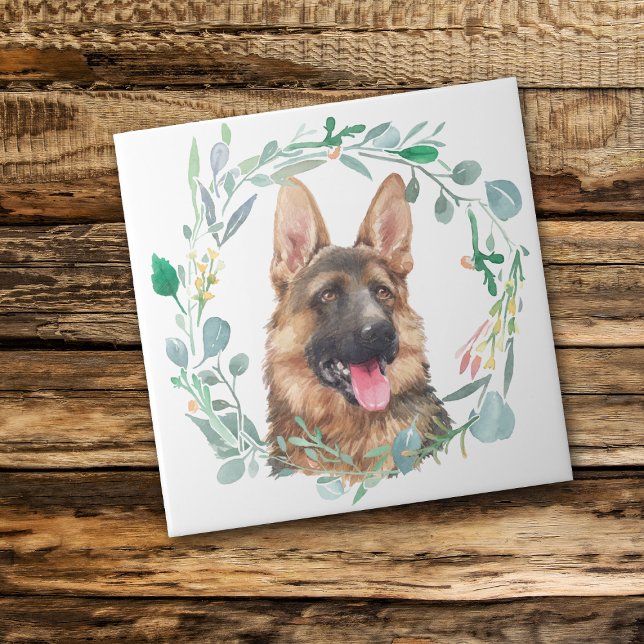 German shepherd Watercolor Wreath Cerâmica Azulejo (Criador carregado)