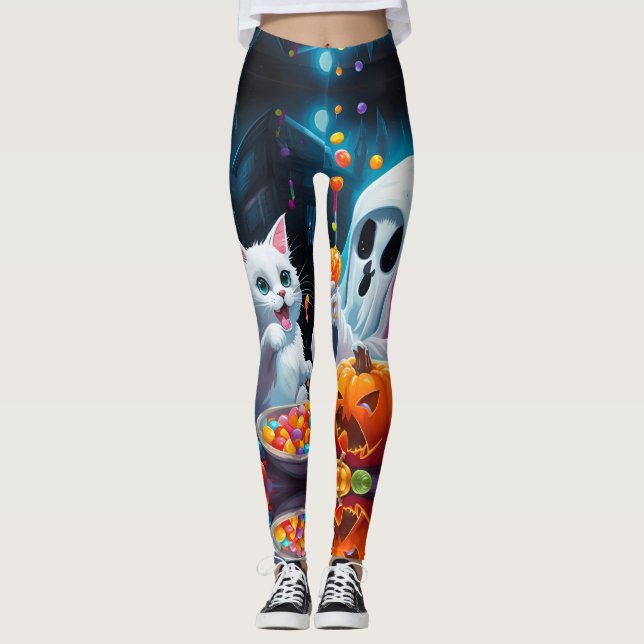 Ghost Kitten Pumpkin Candy Halloween Leggings (Frente)