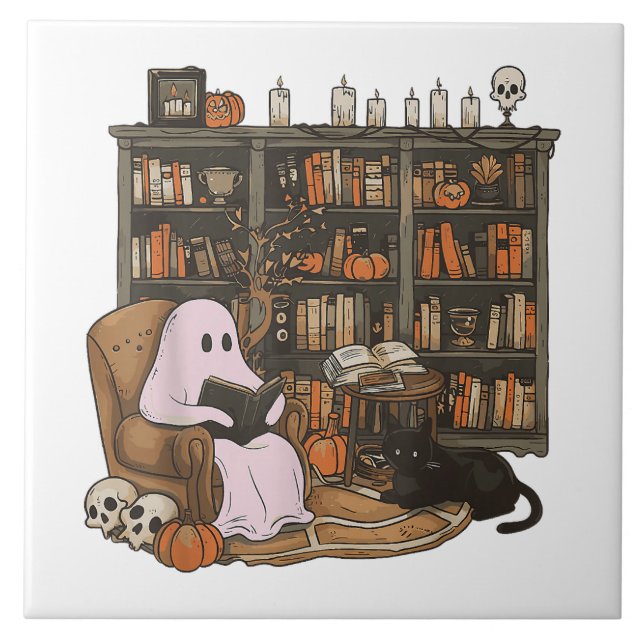 Ghost Reading Book Cat lover Halloween (Frente)