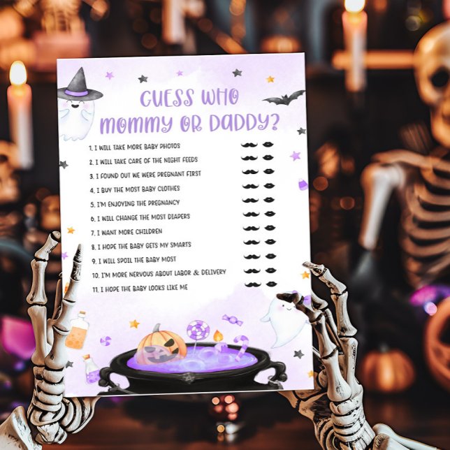 Ghoul Halloween Adivinha quem Mamãe ou Jogo de Pai (Purple Oh Sheet Baby Shower Guess who Mommy or Daddy Game)