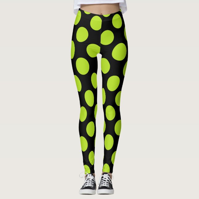 Giant Lime Green Polkadots on Black Leggings (Frente)