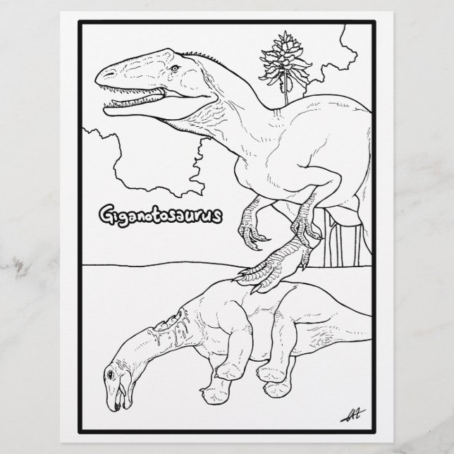 Giganotossauro e presa - Página de colorir. (Frente)