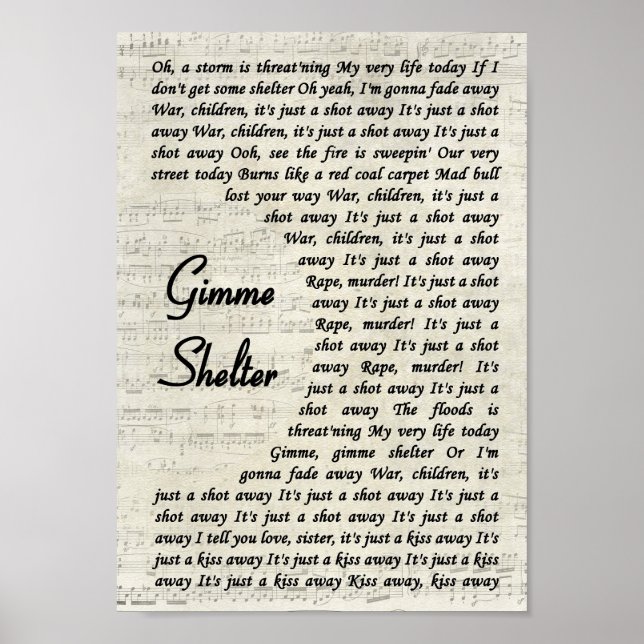 Gimme Shelter Vintage Script Song Lyric Impressão (Frente)