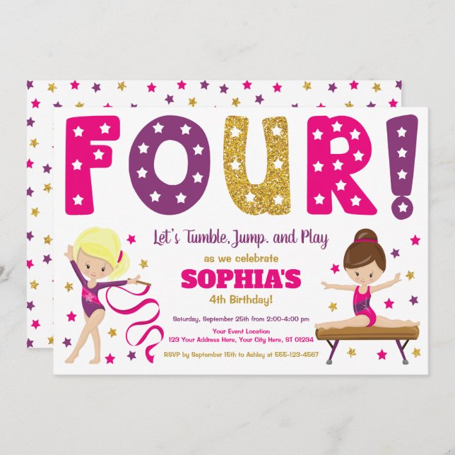 ginástica 4º Convite de Aniversário | Rosa Quente (Frente/Verso)