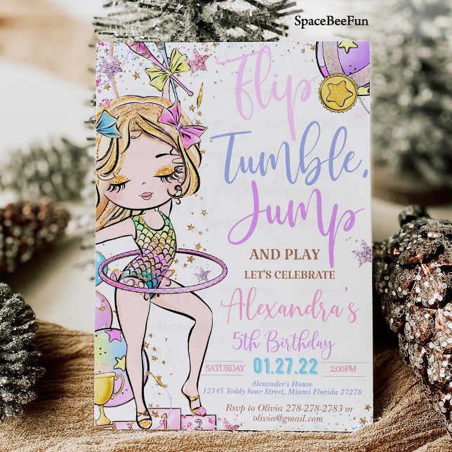 Ginástica de Festa de Convite de Aniversário ( Gymnastics Birthday Invitation Party  Gymnastics Invites Mermaid Gymnastics  )