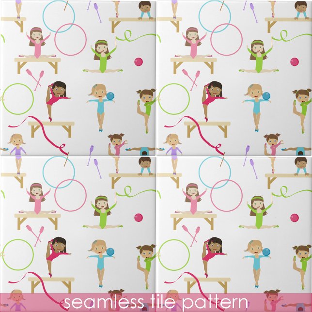 Ginástica Multicolorida Óptica Crianças Sem Olhos  (Cute Multicolored Gymnastics Kids Seamless Pattern Ceramic Tile)
