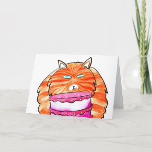 Ginger cat com cartão de aniversário de bolo