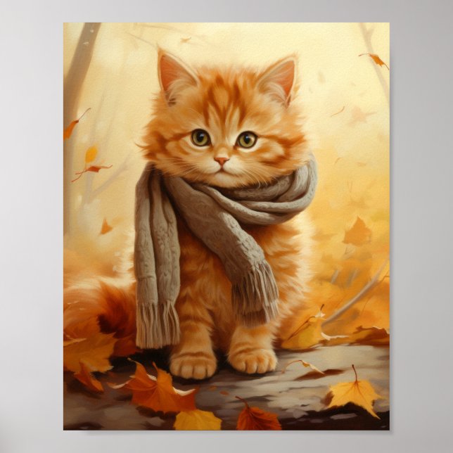 Ginger Kitten Adorável com Scarf - Poster de outon (Frente)