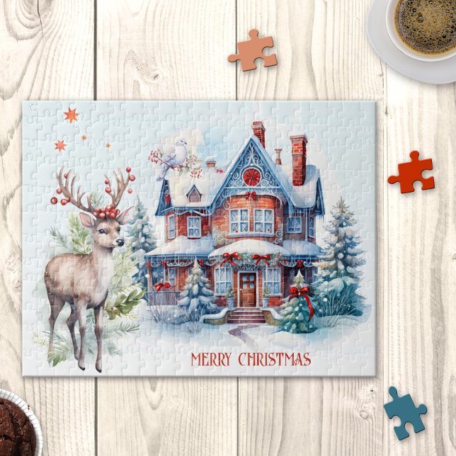 Gingerpão de Cachorro Quebra-cabeça de Natal (Christmas puzzle showing a cute gingerbread like home with white dove and deer in a watercolor style)