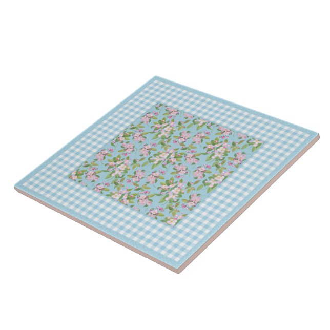 Gingham Branco Azul, Flor de Maçã Rosa em Azul (Lateral)