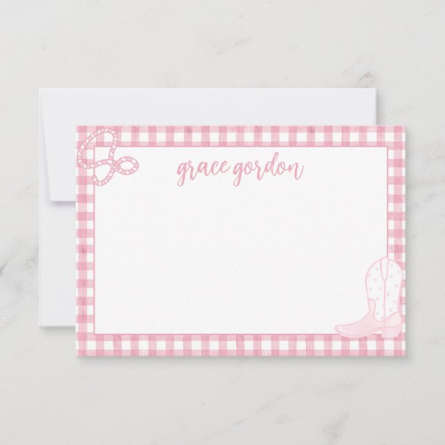Gingham Pink Boot Girls Stationery Cartões de agra (Frente)
