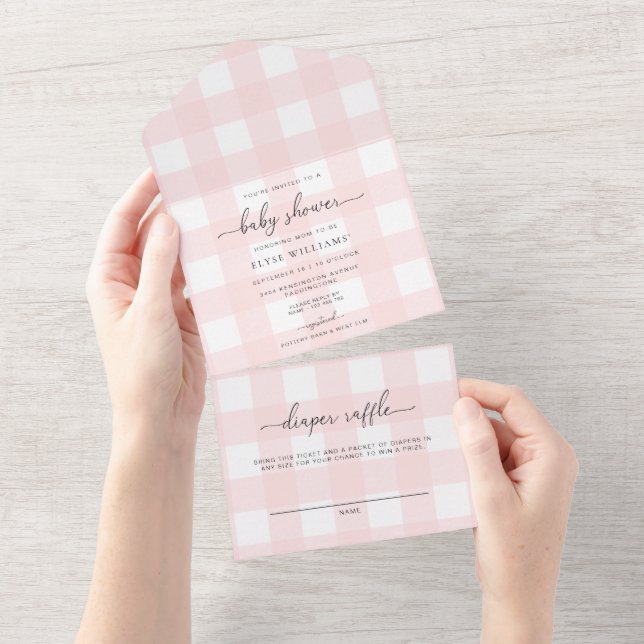 Gingham Rosa, Tudo Em Um Convite De chá de fraldas (Aba destacável)