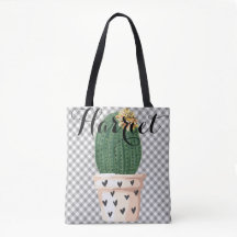 Gingham Tote Bag com pote Cactus Personalizável