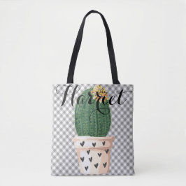 Gingham Tote Bag com pote Cactus Personalizável