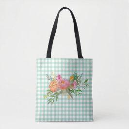 Gingham Verde com Flores de Pênia Tote Bag