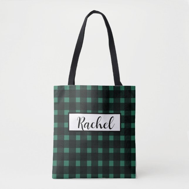 Gingham Verde Negro Personalizado Tote Bag (Frente)