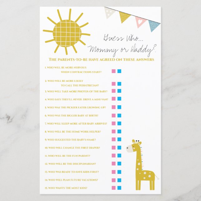 Girafa adivinha quem, Mamãe ou jogo de Chá de fral (Frente)