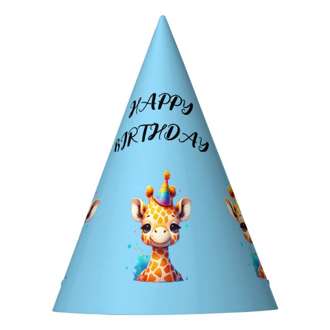 Girafa bebê com chapéu de festa de aniversário azu (Frente)