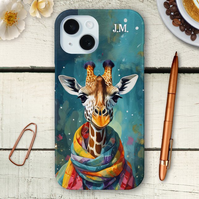 Girafa Branca Colorida (Phone case featuring a colorful painting of a giraffe with scarf. You can add your custom initials)