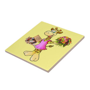Girafa de Azulejo, Floral, Chocolate, Amarelo