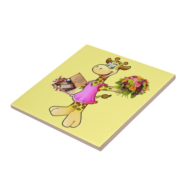 Girafa de Azulejo, Floral, Chocolate, Amarelo (Lateral)