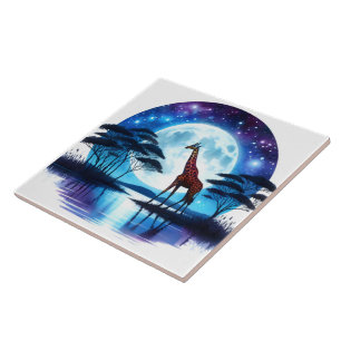 Girafa pelo lago Serene debaixo de uma lua cheia