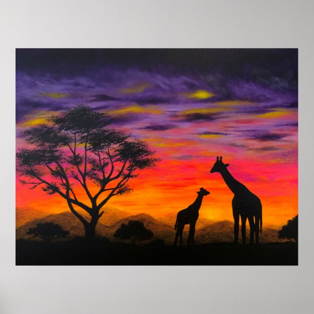 Girafa Poster de Arte Cênica de Girafa Sunset (Frente)