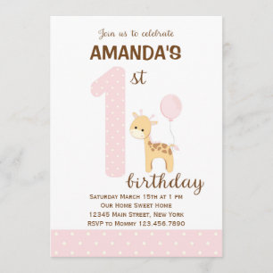 Girafa Primeiro Convite de Aniversário (Rosa)