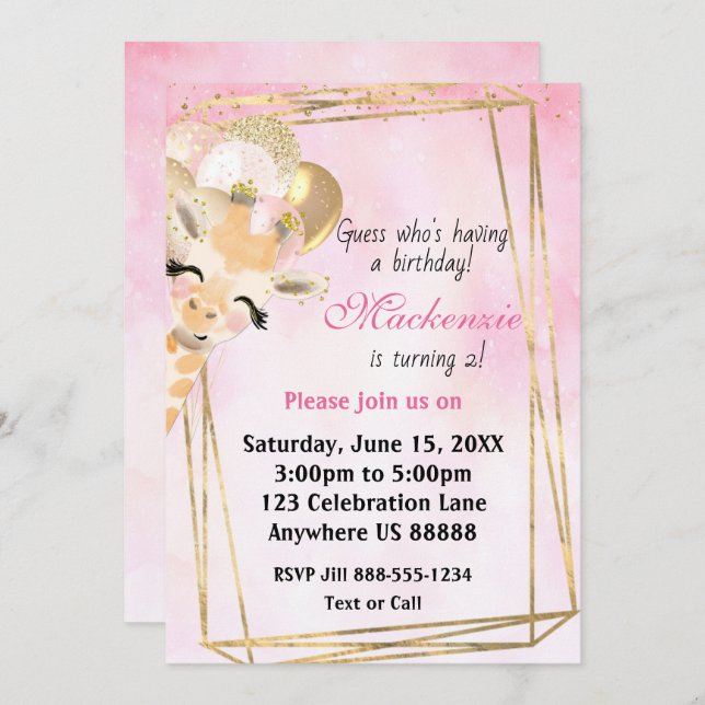 Girafa Qualquer Convite De Aniversário (Frente/Verso)