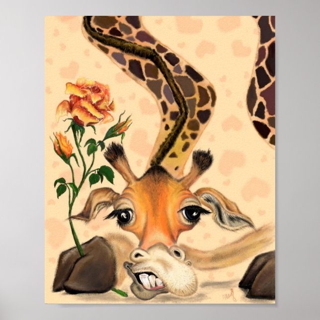 Girafa Romântica com pintura de Rosa Poster (Frente)