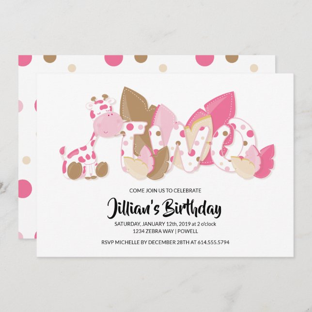 Girafa Rosa Segundo Convite de aniversário (Frente/Verso)
