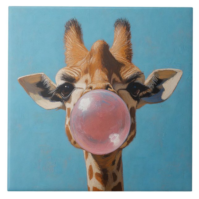 Girafa soprando bolha de chiclete rosa (Frente)