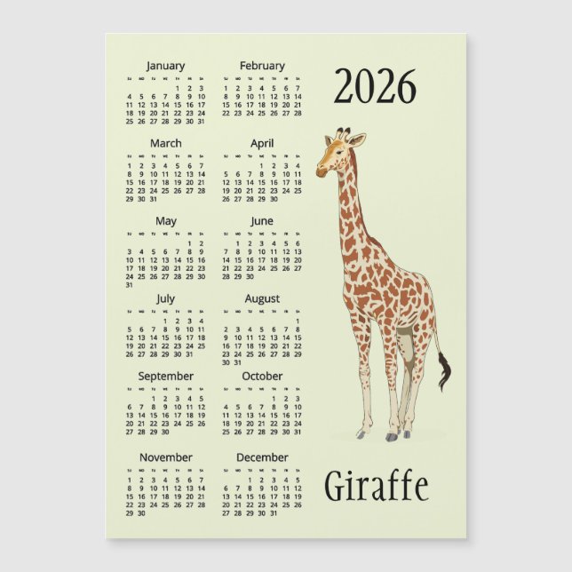 Giraffe Design 2026 Calendar Magnetic Card (Frente)