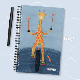 Giraffe on Unicycle Kid Blue Spiral Notebook