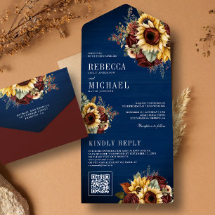 Girasóis Borgonha Floral Código QR Casamento Azul