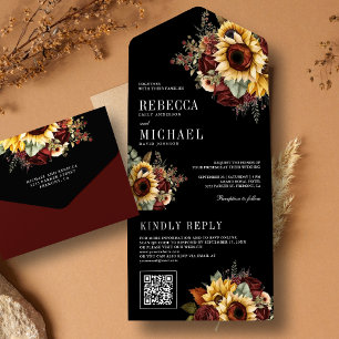 Girasóis Borgonha Floral Código QR Casamento Preto