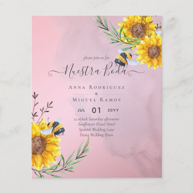 Girasoles de Invitación de Boda Econômica Bilingüe (Frente)