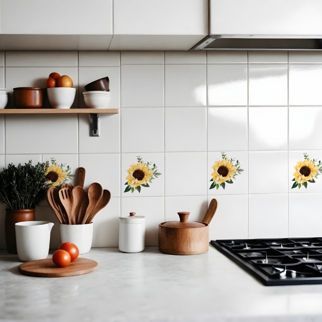 Girassóis Amarelos em Aquarela & Design de Flores  (Yellow Watercolor Sunflowers & Wildflower Design Ceramic Tile)