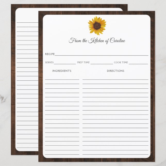 Girassóis Cartão de Receita de Madeira Rústica Ins (Frente/Verso)