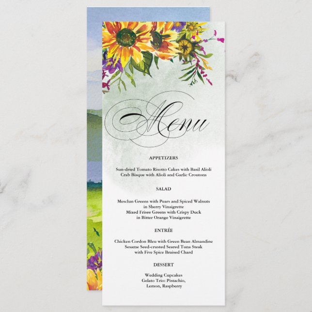 Girassóis | Cartões de menu para casamento de prad (Frente/Verso)