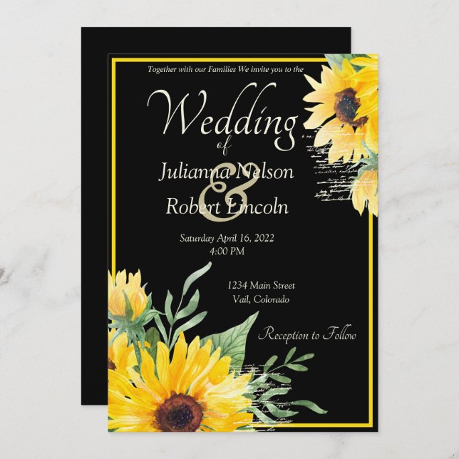Girassóis em aquarela em convite de casamento pret (Frente/Verso)
